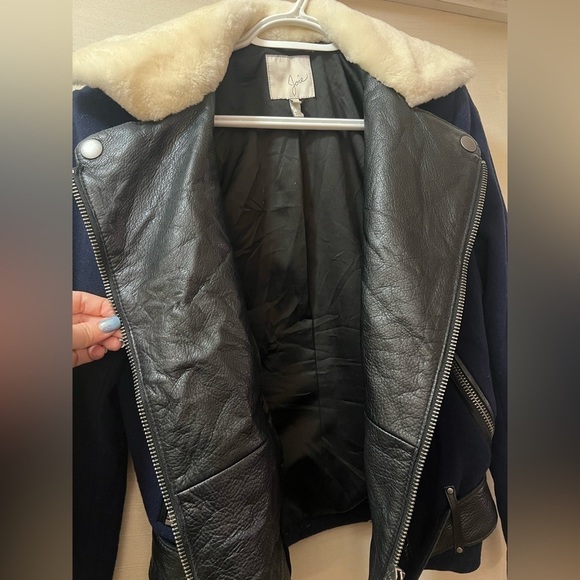 Joie women’s moto jacket size xl, leather and wool accents with belted waist - Picture 6 of 10